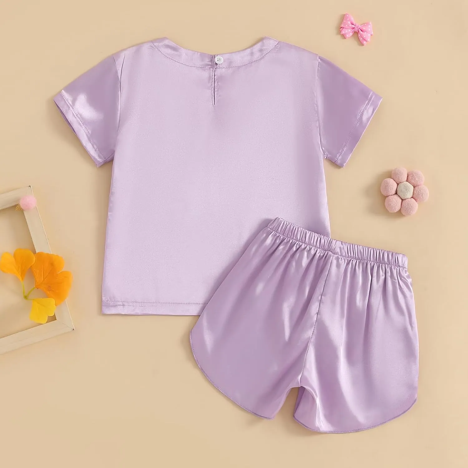 Qiylii Kids Toddler Girls Satin Pajamas Short Sleeve Tops Shorts Summer Pjs 2-Piece Solid Silk Pajama for Children Size 4-13