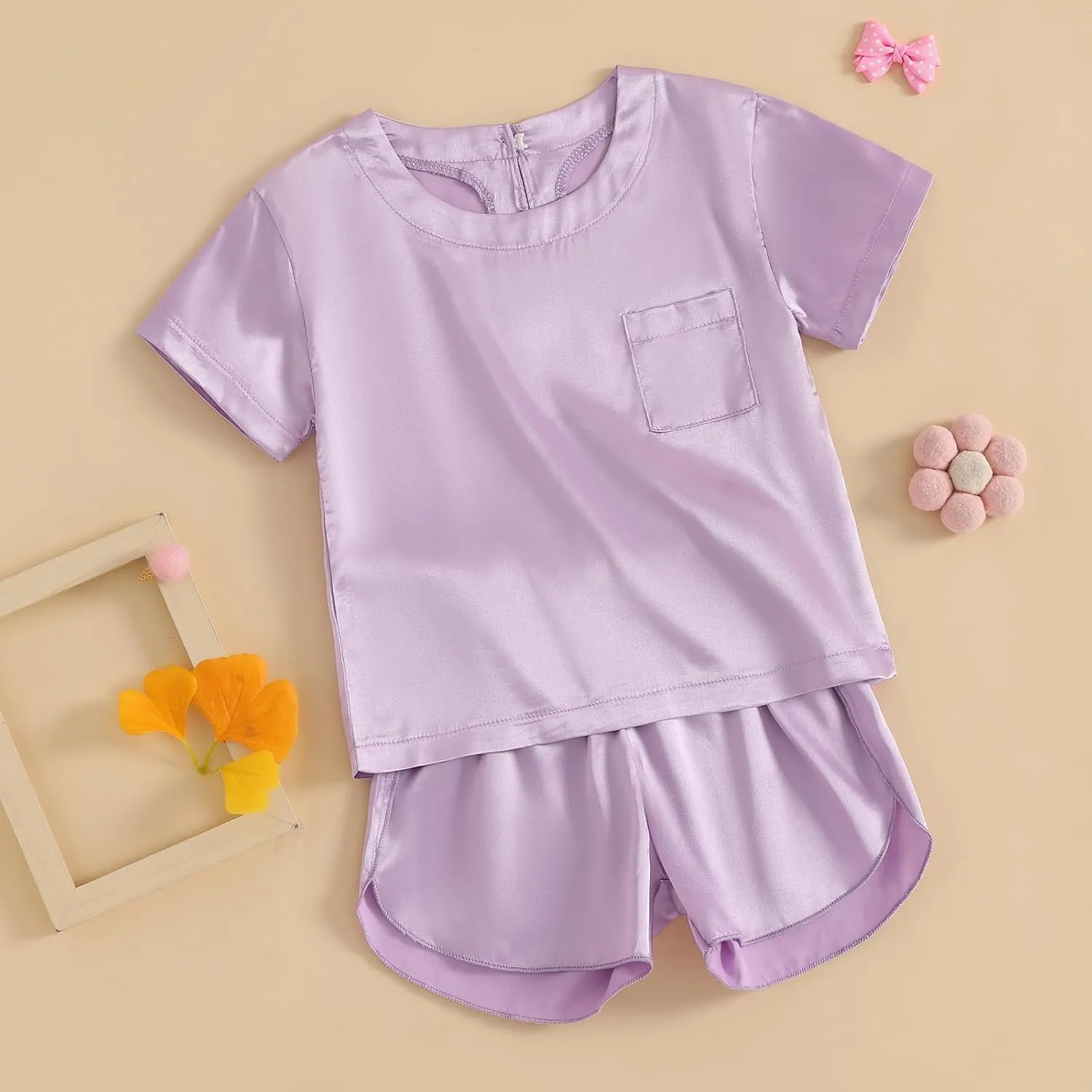 Qiylii Kids Toddler Girls Satin Pajamas Short Sleeve Tops Shorts Summer Pjs 2-Piece Solid Silk Pajama for Children Size 4-13