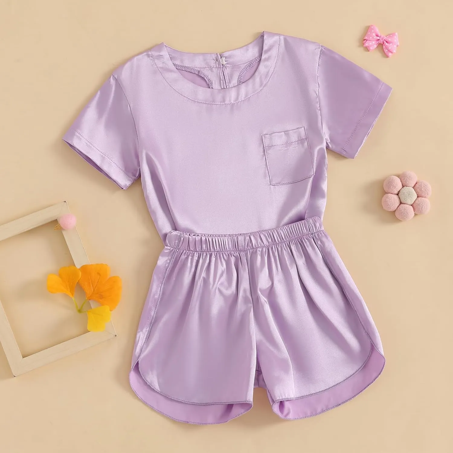 Qiylii Kids Toddler Girls Satin Pajamas Short Sleeve Tops Shorts Summer Pjs 2-Piece Solid Silk Pajama for Children Size 4-13