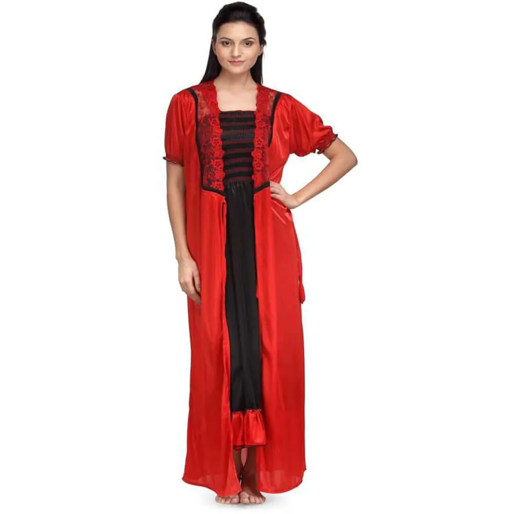 "Cute Comfy" Women's Red & Black Nightwear Gown With Robe Free