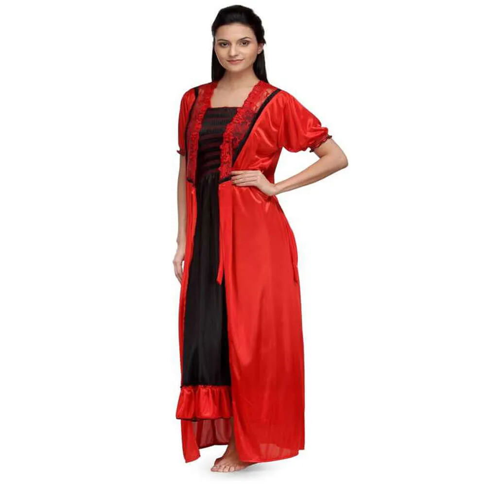 "Cute Comfy" Women's Red & Black Nightwear Gown With Robe Free