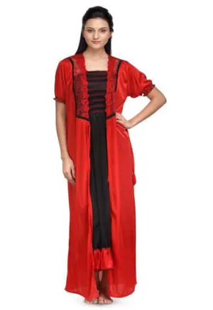 "Cute Comfy" Women's Red & Black Nightwear Gown With Robe Free