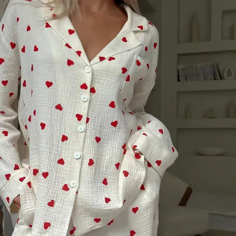 "Galentine Party" White Pajama Set w/ Mini Red Heart Detail