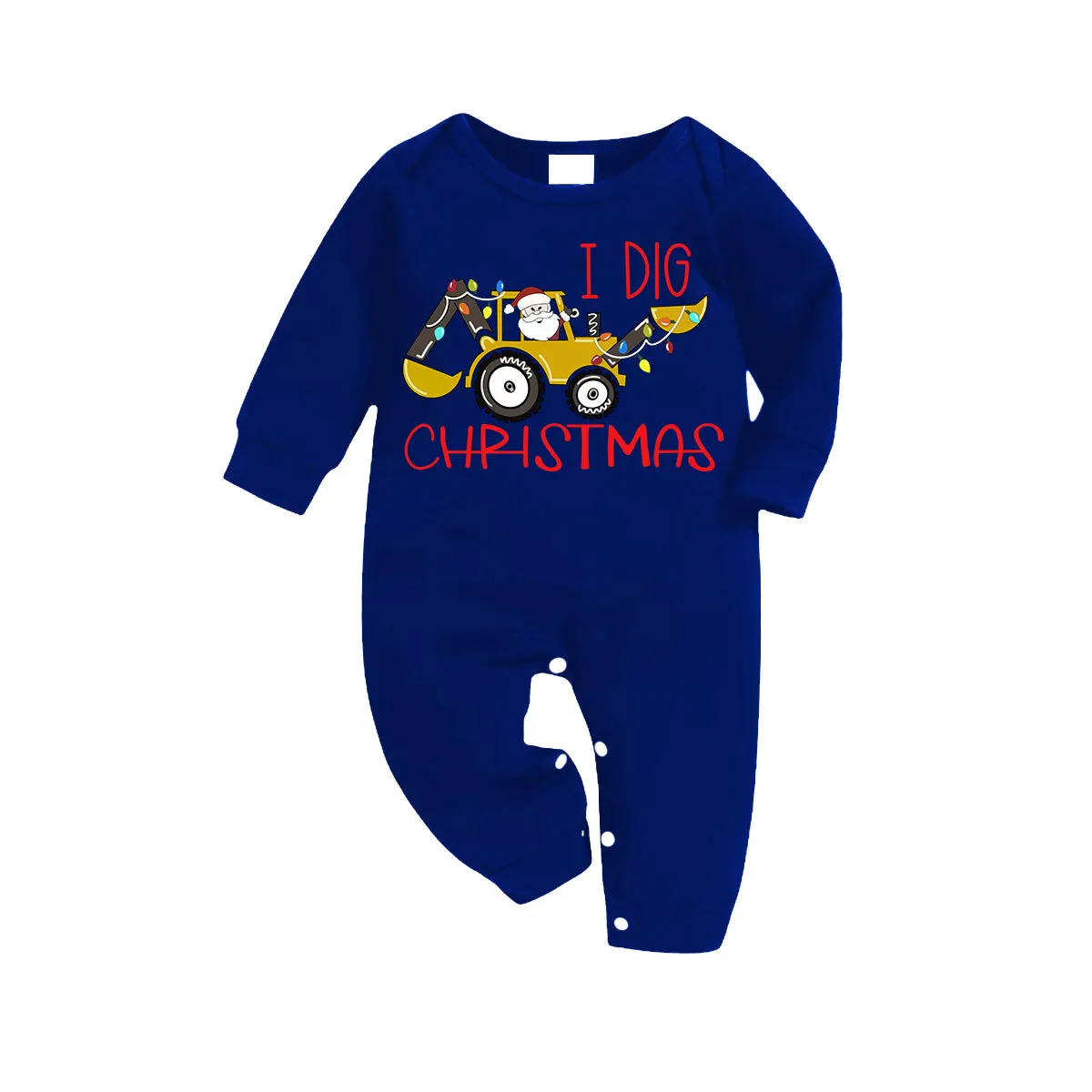 "I Dig Christmas" Cartoon Excavator Pattern Blue Long Sleeves with Blue&White&Black Plaid Pants Family Matching Pajamas
