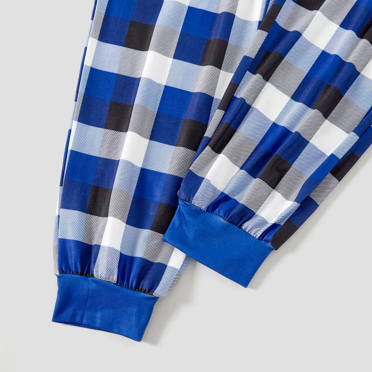 "I Dig Christmas" Cartoon Excavator Pattern Blue Long Sleeves with Blue&White&Black Plaid Pants Family Matching Pajamas