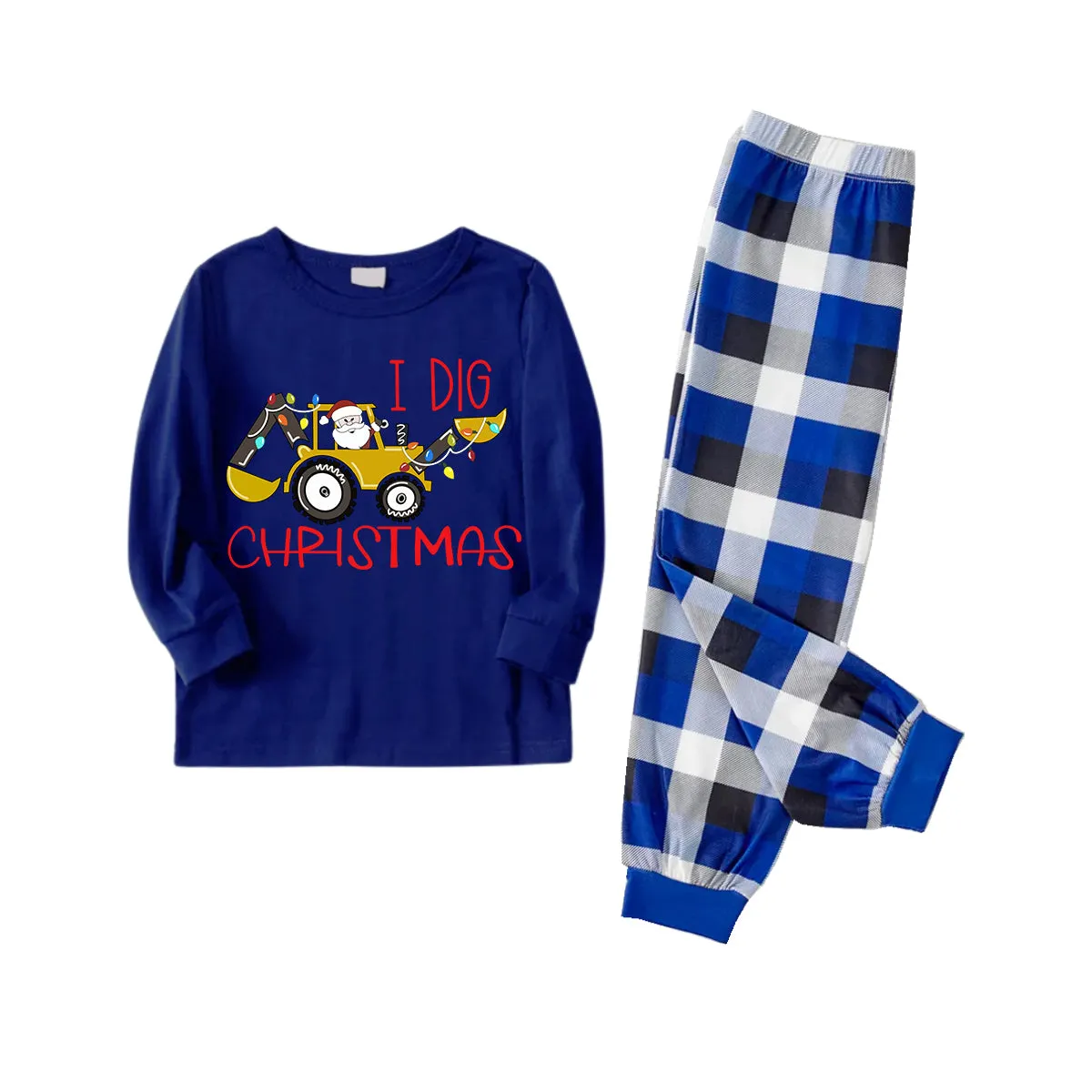 "I Dig Christmas" Cartoon Excavator Pattern Blue Long Sleeves with Blue&White&Black Plaid Pants Family Matching Pajamas