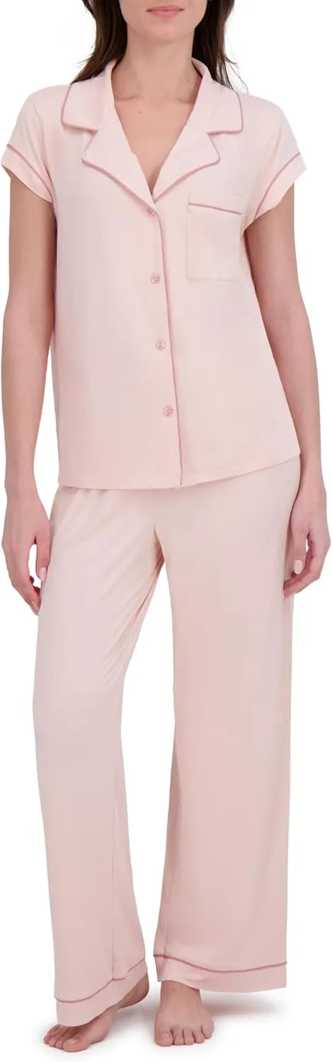 RACHEL ZOE Button Up Pajamas for Women Set, Jersey Knit Soft PJs with Button Down Pajama Top and Long PJ Pants