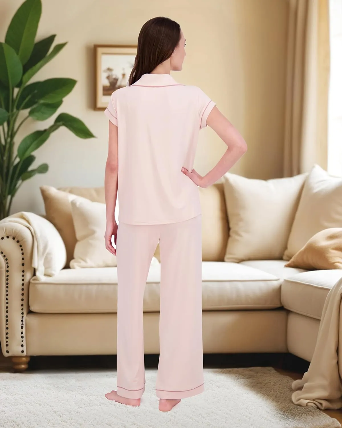 RACHEL ZOE Button Up Pajamas for Women Set, Jersey Knit Soft PJs with Button Down Pajama Top and Long PJ Pants