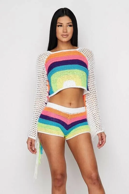 Rainbow Short Set Crochet Fringe Sleeves Crop Long Sleeve Fishnet Top Festival Show Off Pride Available In Small Medium Or Large
