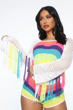 Rainbow Short Set Crochet Fringe Sleeves Crop Long Sleeve Fishnet Top Festival Show Off Pride Available In Small Medium Or Large