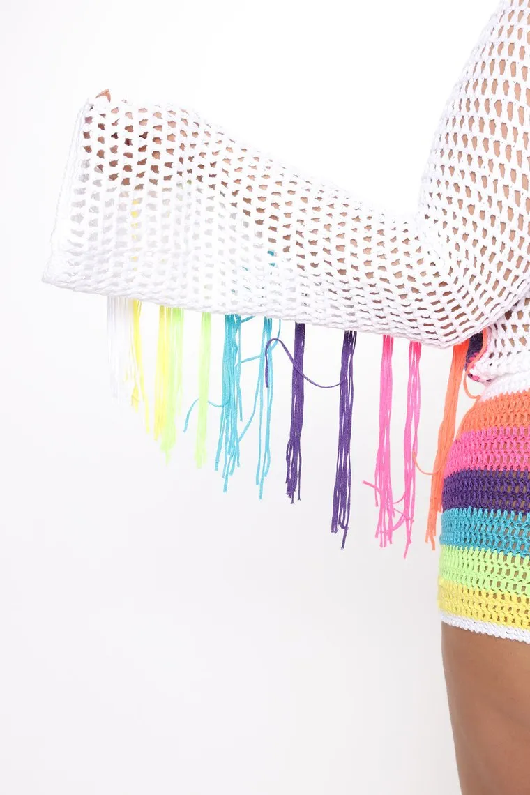 Rainbow Short Set Crochet Fringe Sleeves Crop Long Sleeve Fishnet Top Festival Show Off Pride Available In Small Medium Or Large