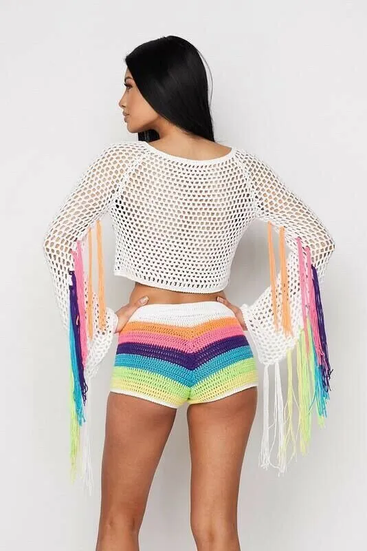 Rainbow Short Set Crochet Fringe Sleeves Crop Long Sleeve Fishnet Top Festival Show Off Pride Available In Small Medium Or Large