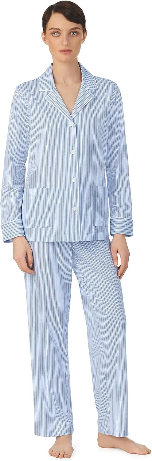 Ralph Lauren® Organic Cotton Long Sleeve Notch Collar PJ Set for Women – Relaxed Fit – Stripe Design – 100% Cotton Blue Stripe LG (US 12-14) One Size