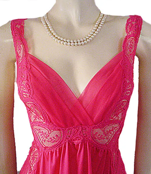 *RARE OLGA PLEATED NYLON CHIFFON ALL LACE BODICE LACE SPANDEX NIGHTGOWN IN CHERRY FIZZ