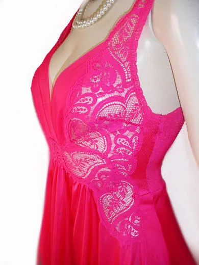 *RARE OLGA PLEATED NYLON CHIFFON ALL LACE BODICE LACE SPANDEX NIGHTGOWN IN CHERRY FIZZ