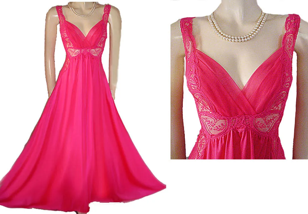 *RARE OLGA PLEATED NYLON CHIFFON ALL LACE BODICE LACE SPANDEX NIGHTGOWN IN CHERRY FIZZ