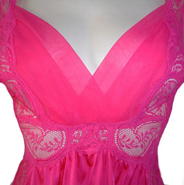 *RARE OLGA PLEATED NYLON CHIFFON ALL LACE BODICE LACE SPANDEX NIGHTGOWN IN CHERRY FIZZ