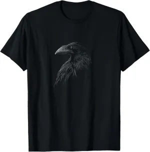 Raven Illustration T-Shirt - Men's Unisex Adult Small Black Crew Neck Short Sleeve T-Shirt