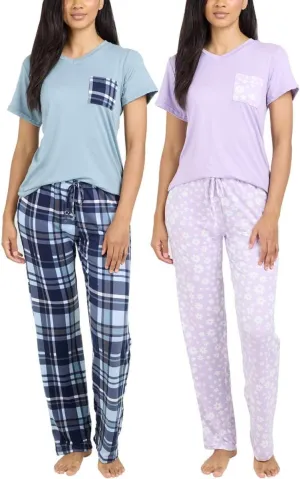 Real Essentials 2 Pack: Women's Pajama Set - Choose from Short Sleeve with Pocket or Long Sleeve without Pocket
