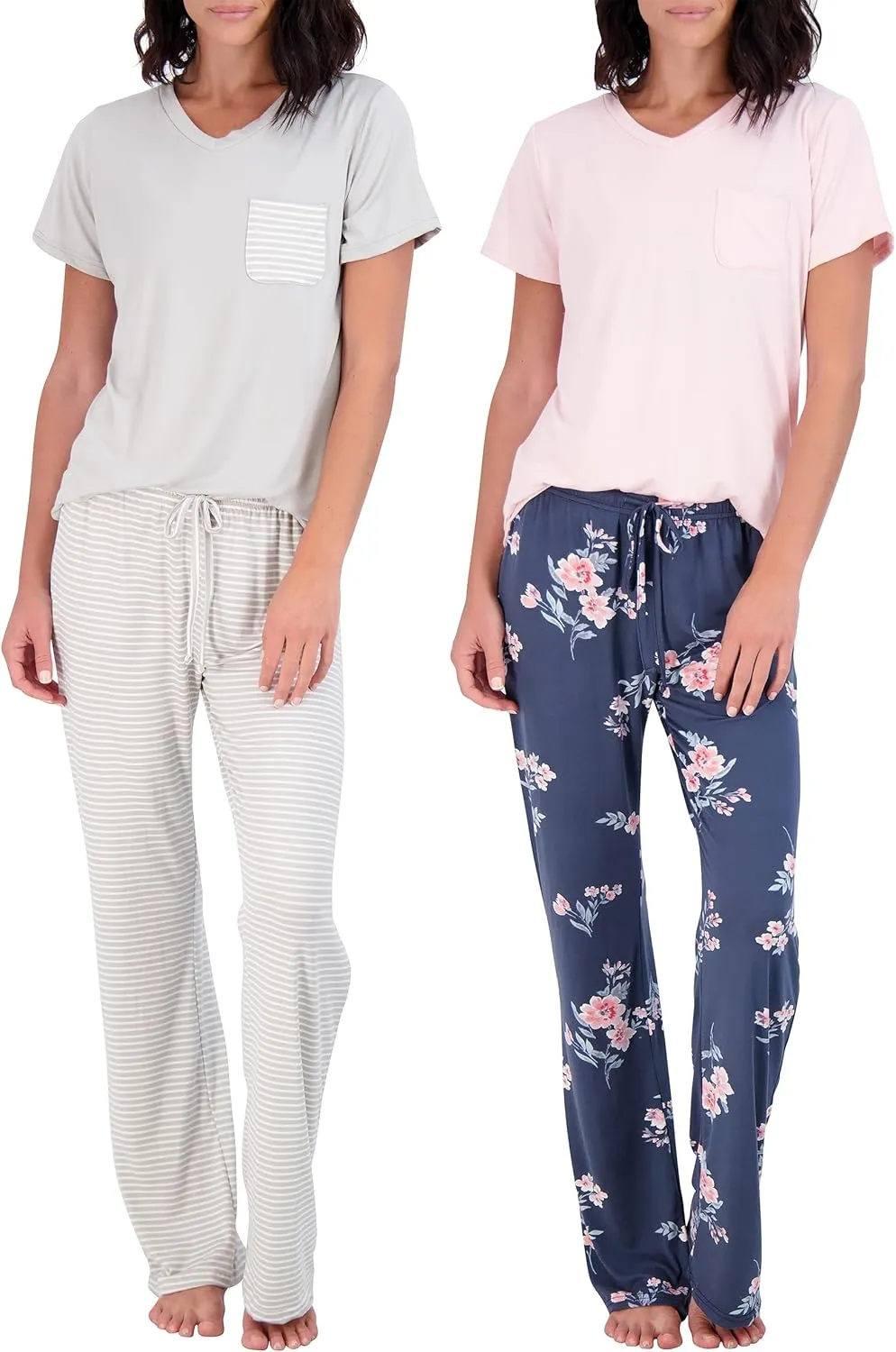 Real Essentials 2 Pack: Women's Pajama Set - Choose from Short Sleeve with Pocket or Long Sleeve without Pocket