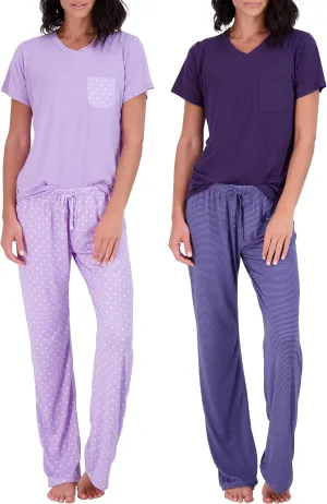 Real Essentials 2 Pack: Women's Pajama Set - Choose from Short Sleeve with Pocket or Long Sleeve without Pocket