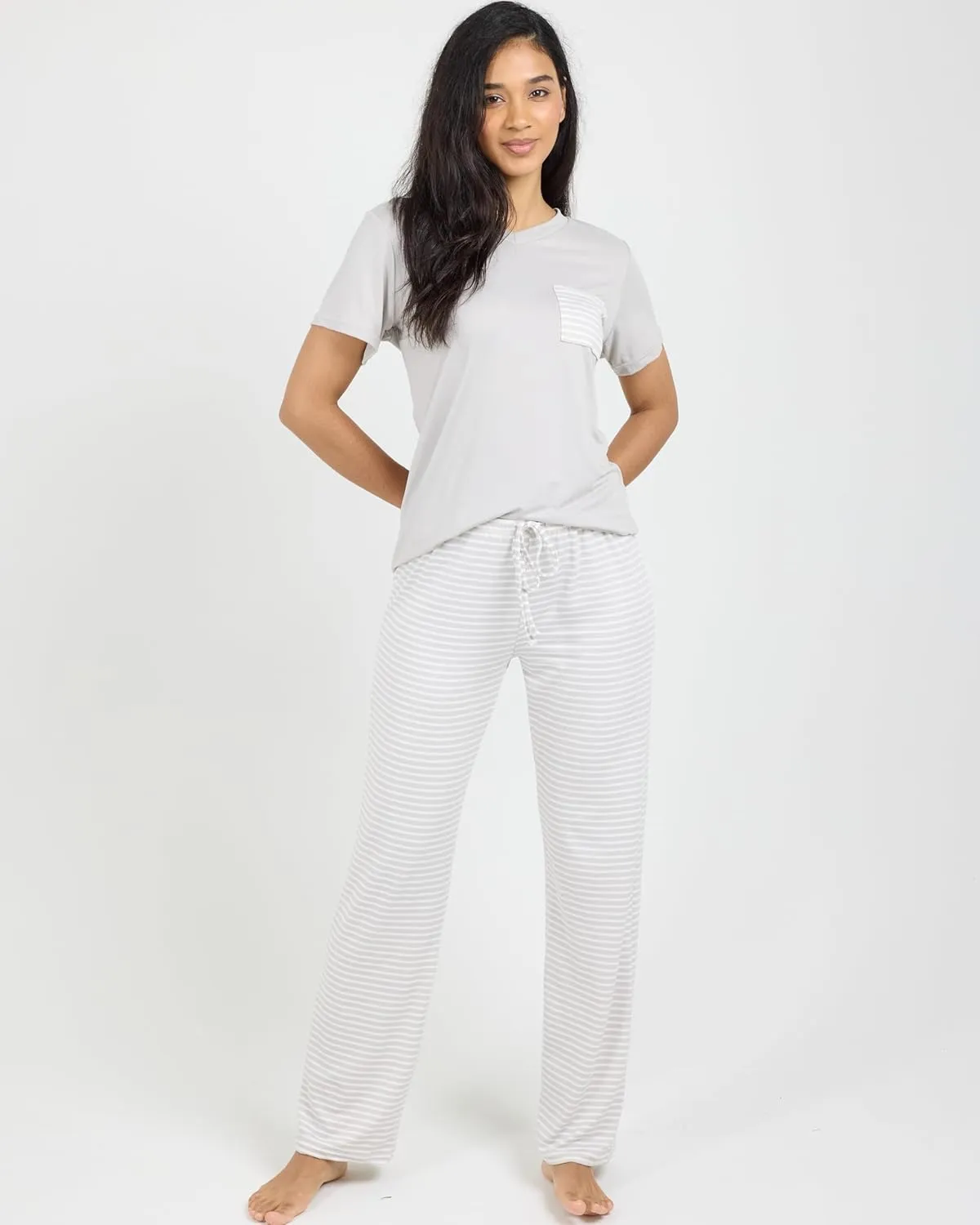 Real Essentials 2 Pack: Women's Pajama Set - Choose from Short Sleeve with Pocket or Long Sleeve without Pocket