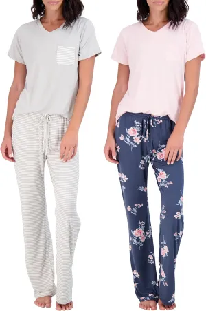 Real Essentials 2 Pack: Women's Pajama Set - Choose from Short Sleeve with Pocket or Long Sleeve without Pocket