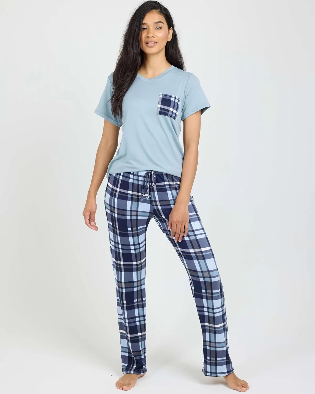 Real Essentials 2 Pack: Women's Pajama Set - Choose from Short Sleeve with Pocket or Long Sleeve without Pocket