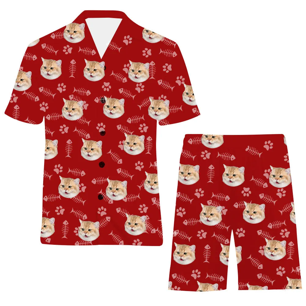 Red Custom Pajamas Cat Avatar Fish Bones Paw Prints