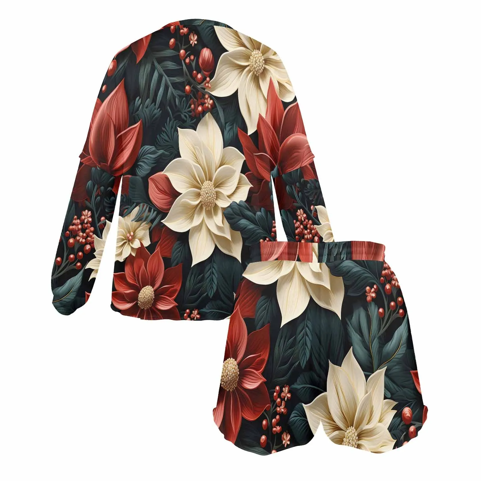 Red Poinsettia  Women's Long Sleeve Pajama Set with Shorts