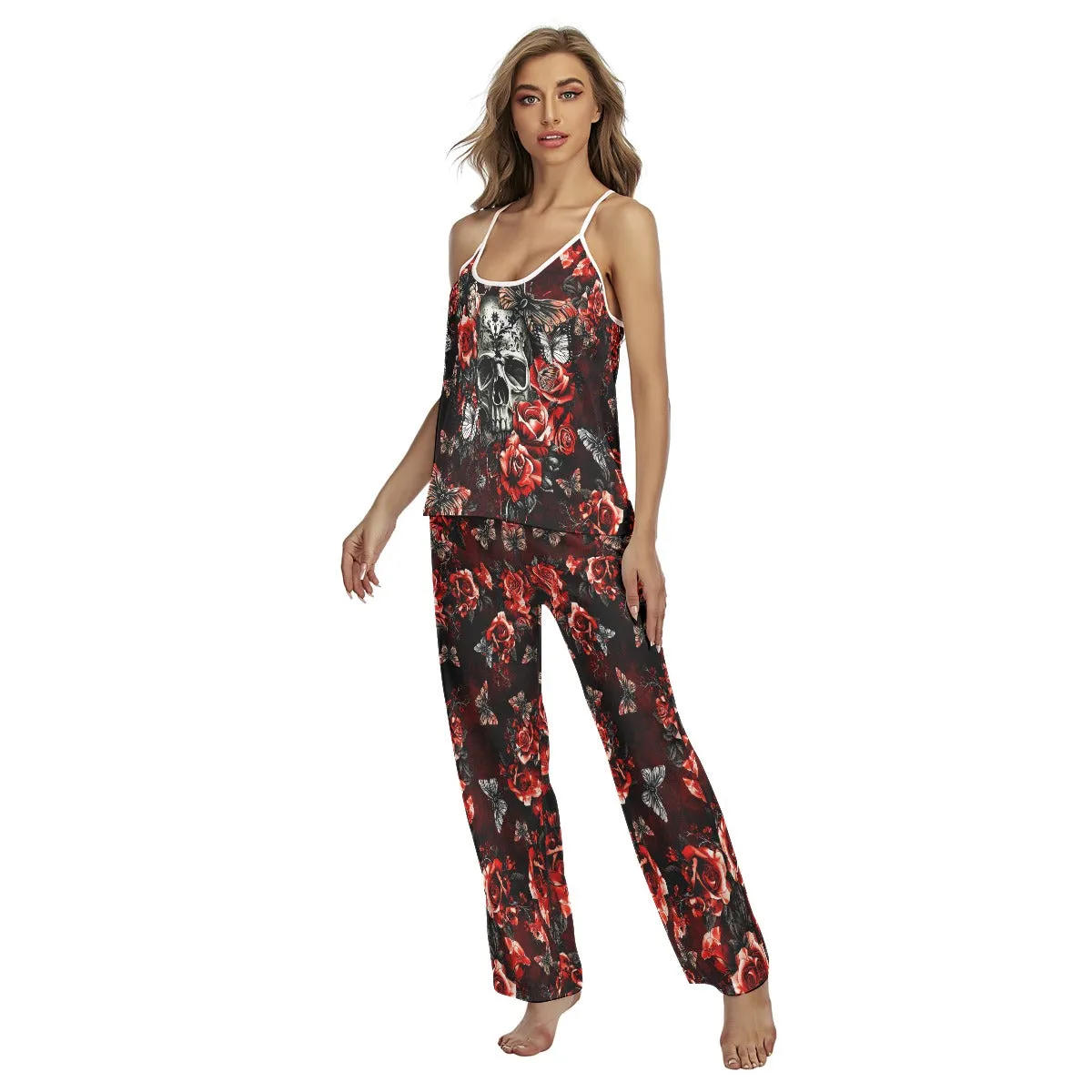 Red Skull Rose Gothic Cami Pajamas Sets For Women Sleepwears Combo