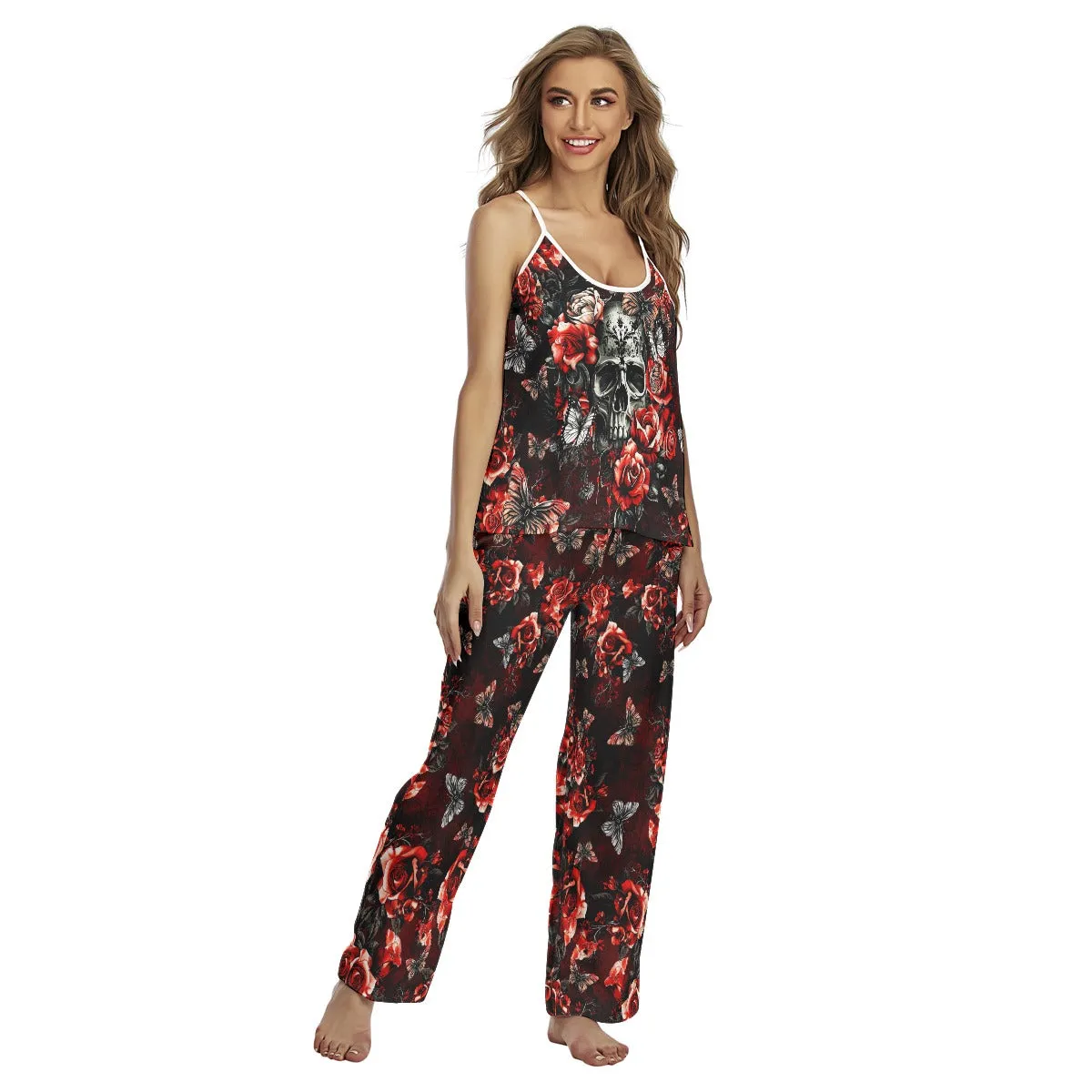 Red Skull Rose Gothic Cami Pajamas Sets For Women Sleepwears Combo