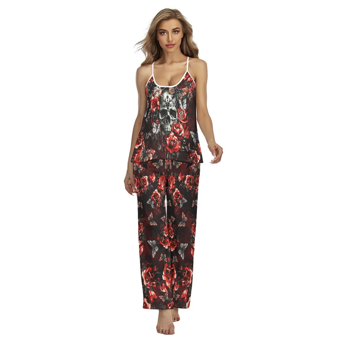 Red Skull Rose Gothic Cami Pajamas Sets For Women Sleepwears Combo