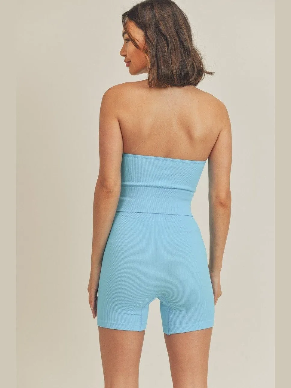Ribbed Seamless Halter Neck Crop Tank & Biker Set