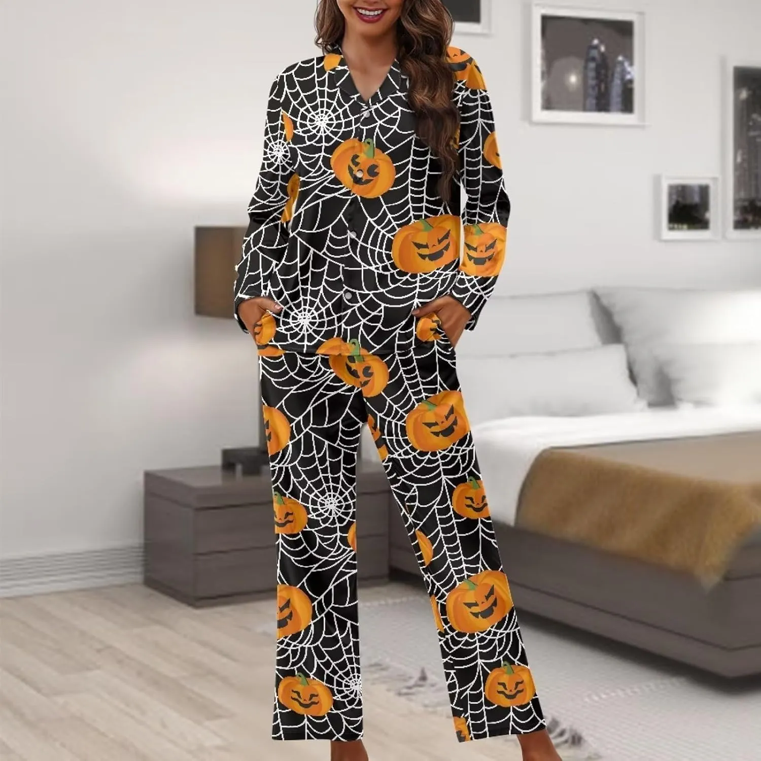 Rnyleeg Halloween Costume Women Pajamas Set Long Sleeve Sleepwear Button Down Pajamas Nightwear House Wear XS-4XL