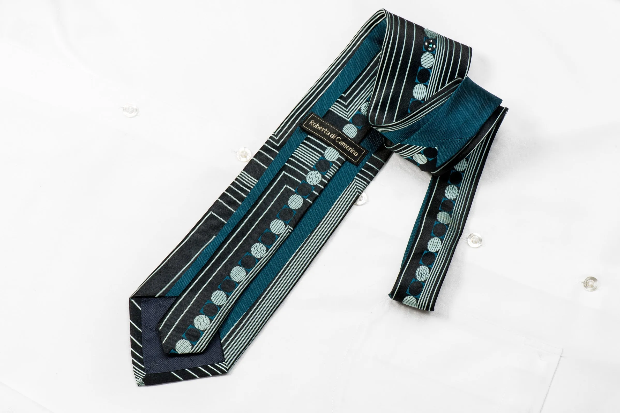 Roberta di Camerino Men's Crystal Rhinestone Necktie Geometric On Navy Silk