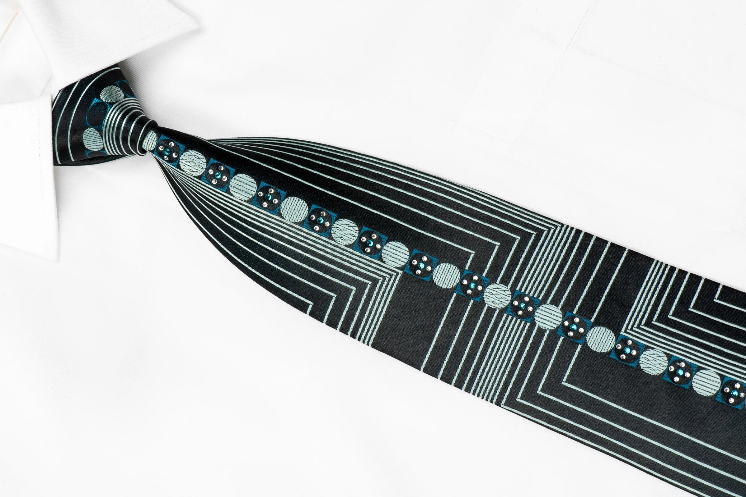Roberta di Camerino Men's Crystal Rhinestone Necktie Geometric On Navy Silk