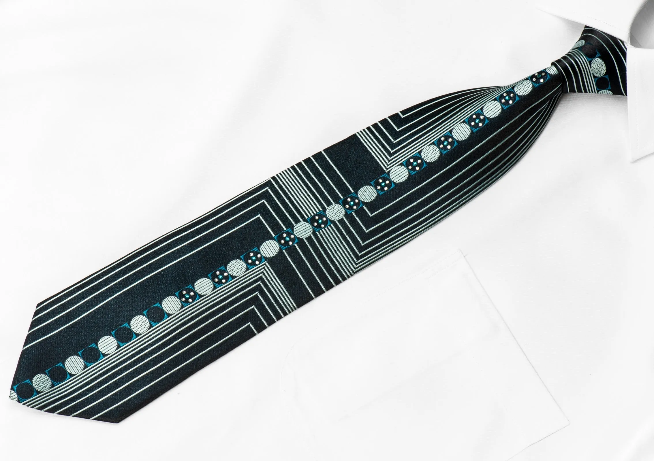 Roberta di Camerino Men's Crystal Rhinestone Necktie Geometric On Navy Silk