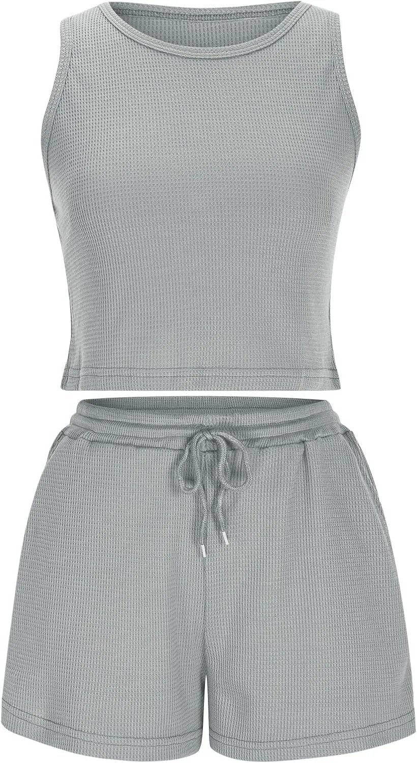 Ruziyoog Women's Waffle Knit Two Piece Sets Summer Casual Sleeveless Crop Top and Drawstring Shorts Lounge Set Tracksuits