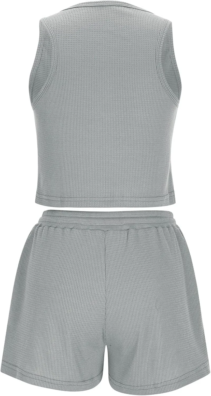 Ruziyoog Women's Waffle Knit Two Piece Sets Summer Casual Sleeveless Crop Top and Drawstring Shorts Lounge Set Tracksuits