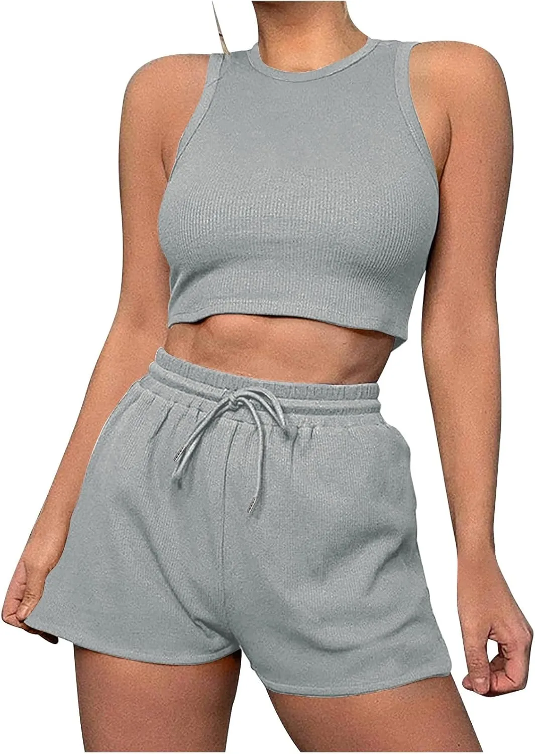 Ruziyoog Women's Waffle Knit Two Piece Sets Summer Casual Sleeveless Crop Top and Drawstring Shorts Lounge Set Tracksuits