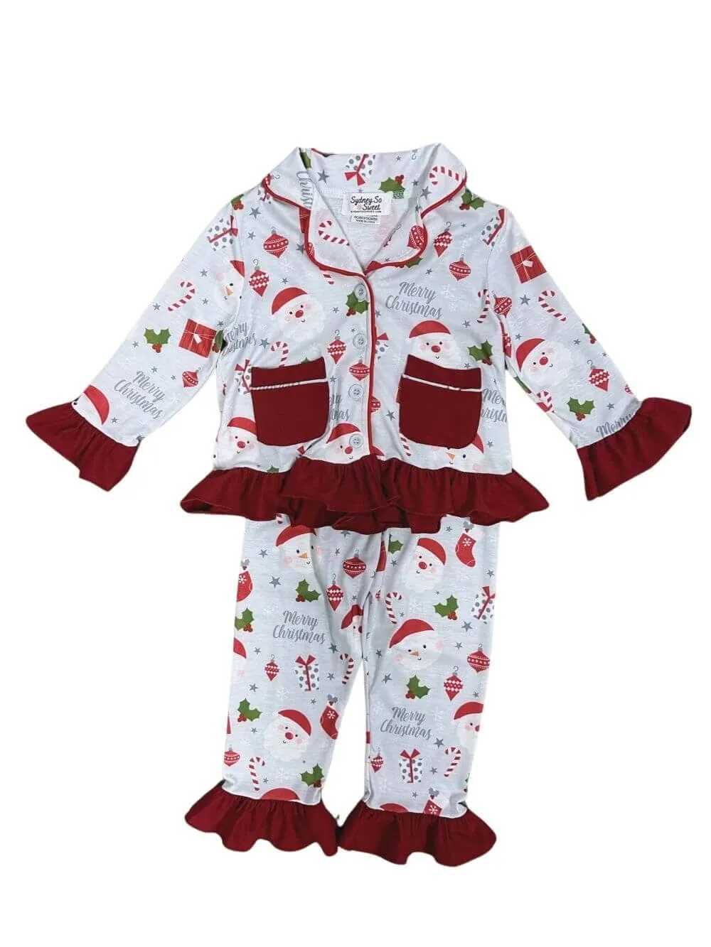 Santa & Snowman Red Ruffle Trim 2 Piece Pajama Set