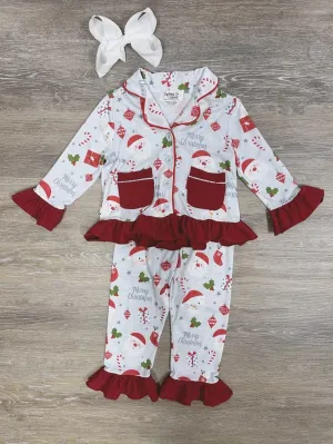 Santa & Snowman Red Ruffle Trim 2 Piece Pajama Set