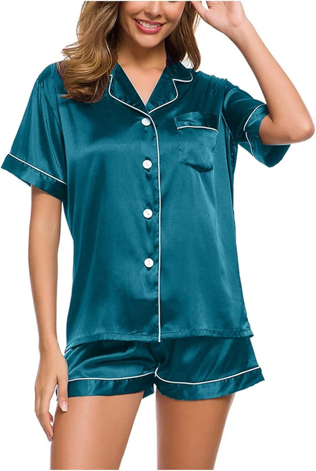 Satin Pajama Set for Women Short Sleeve Silk Pajamas Button Down Sleepwear & Shorts Comfy Soft Two Piece Loungewear