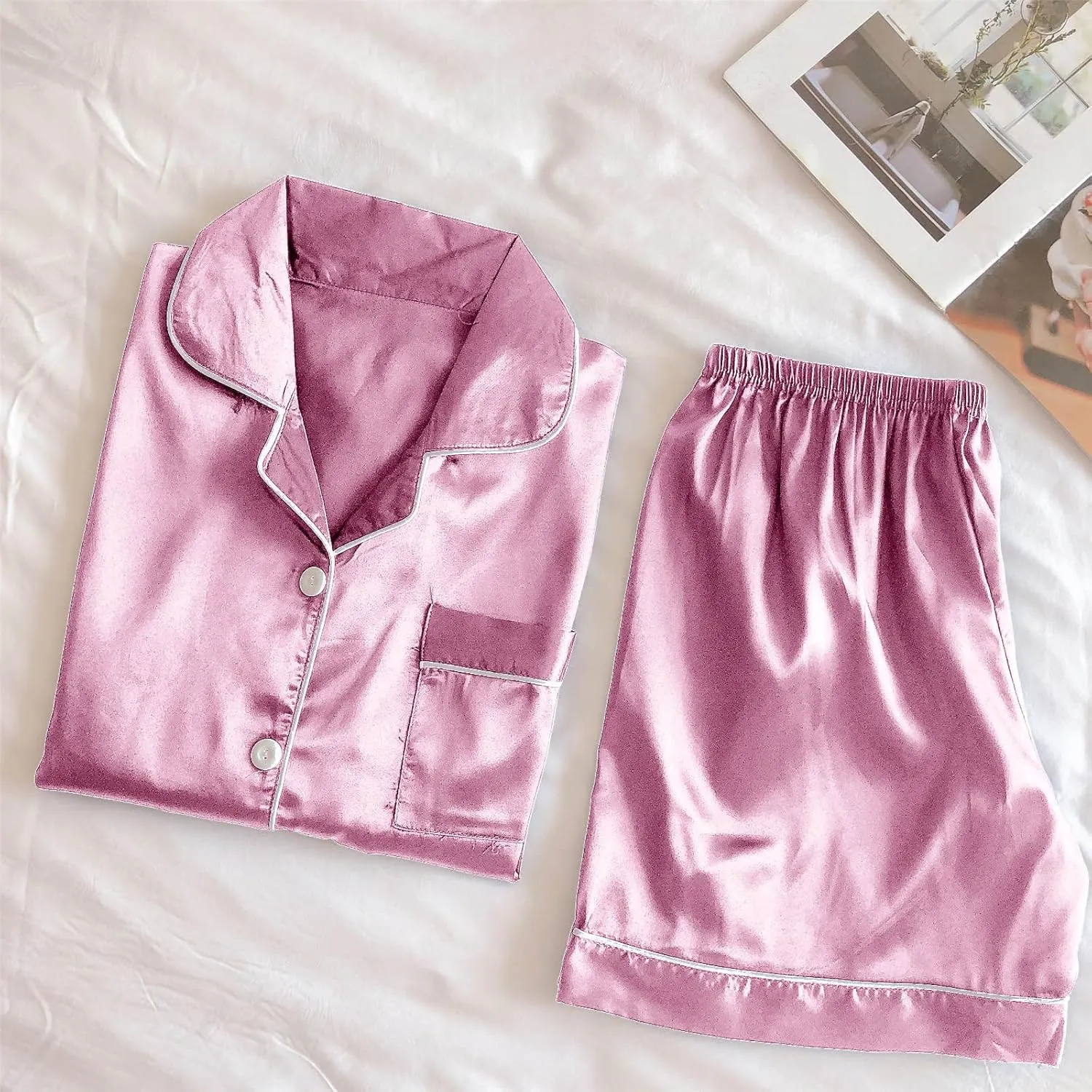 Satin Pajama Set for Women Short Sleeve Silk Pajamas Button Down Sleepwear & Shorts Comfy Soft Two Piece Loungewear