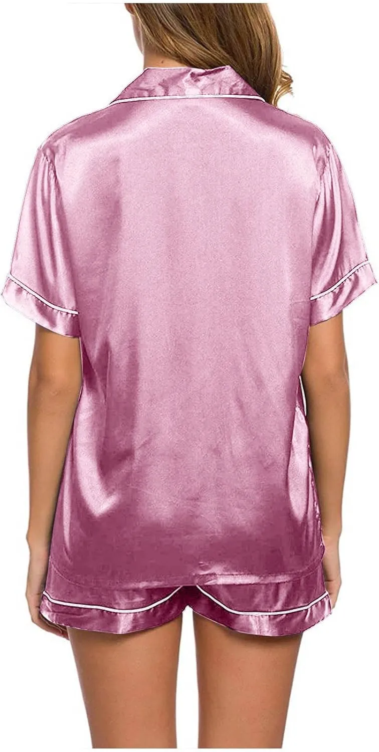 Satin Pajama Set for Women Short Sleeve Silk Pajamas Button Down Sleepwear & Shorts Comfy Soft Two Piece Loungewear