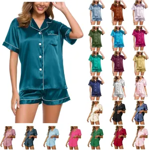 Satin Pajama Set for Women Short Sleeve Silk Pajamas Button Down Sleepwear & Shorts Comfy Soft Two Piece Loungewear