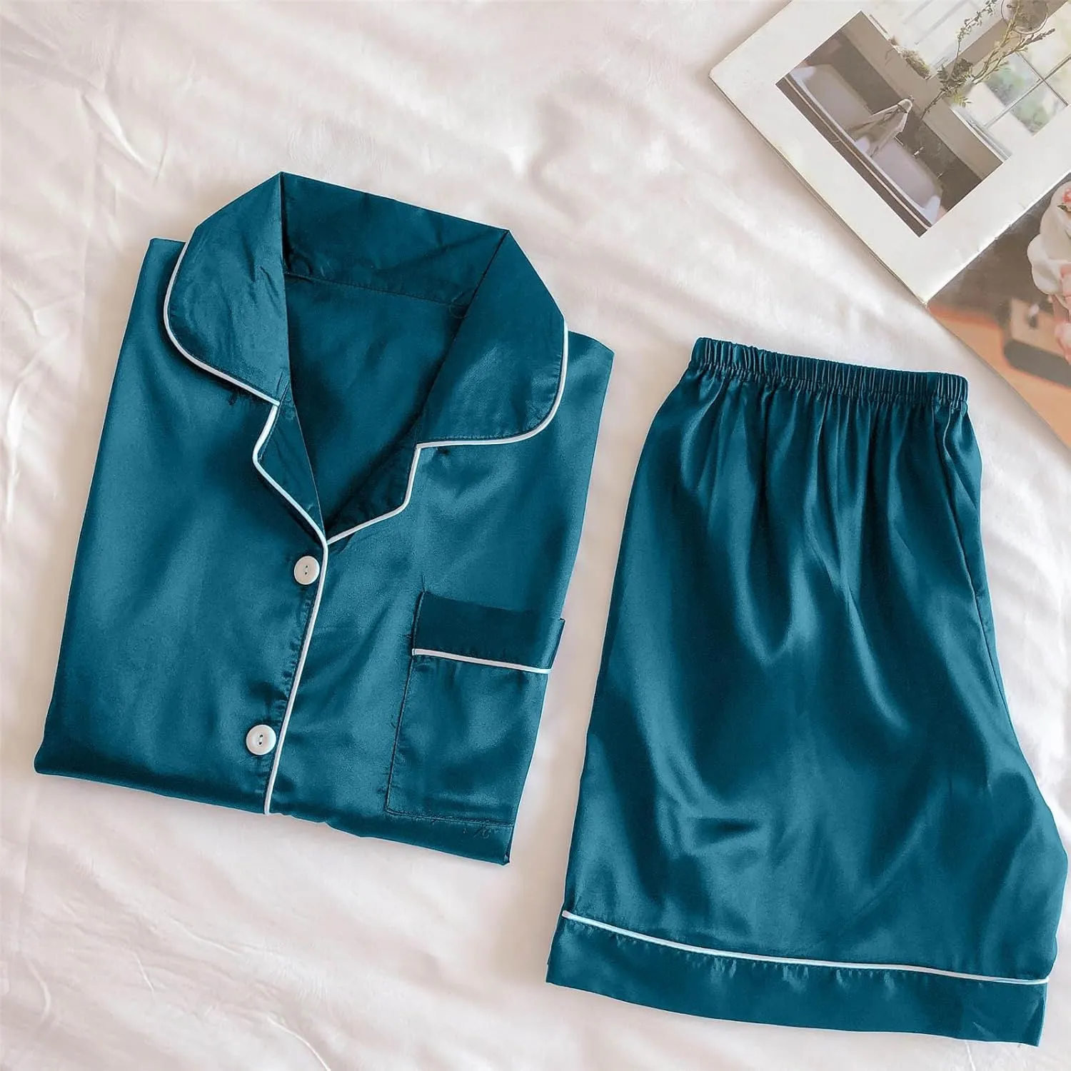Satin Pajama Set for Women Short Sleeve Silk Pajamas Button Down Sleepwear & Shorts Comfy Soft Two Piece Loungewear