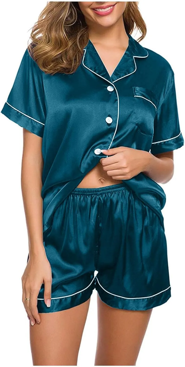 Satin Pajama Set for Women Short Sleeve Silk Pajamas Button Down Sleepwear & Shorts Comfy Soft Two Piece Loungewear