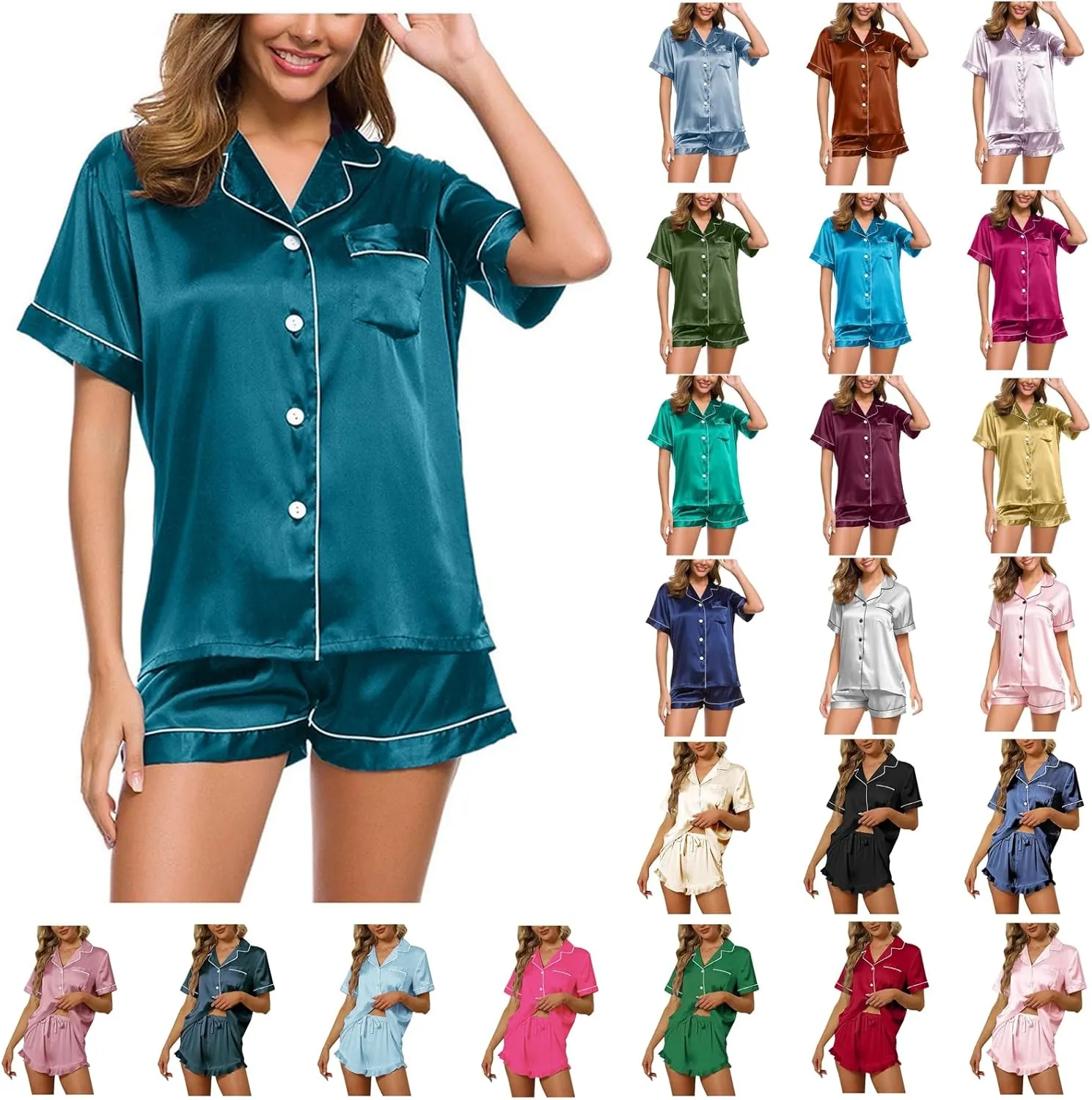 Satin Pajama Set for Women Short Sleeve Silk Pajamas Button Down Sleepwear & Shorts Comfy Soft Two Piece Loungewear